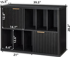 LEYAOYAO Large Record Player Stand with Vinyl Storage Up to 450 Albums, Wood Fluted Boho Record Storage Accent Cabinet, Modern Stereo Media Cabinets, Wide Turntable Stand for Living Room, Black Oak