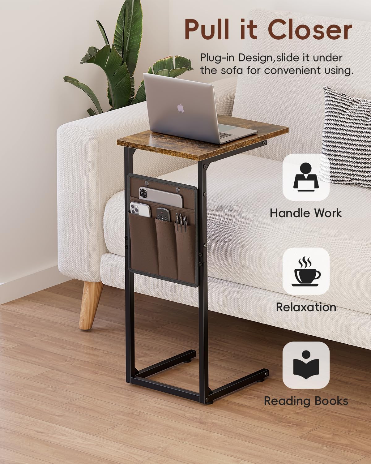 Vagusicc C Shaped End Table, Small Side Table for Couch, Tall Couch Side Table C Table for Small Space, TV Tray Slide Under Sofa Snack Table with Metal Frame for Living Room, Bedroom, Bedside, Brown