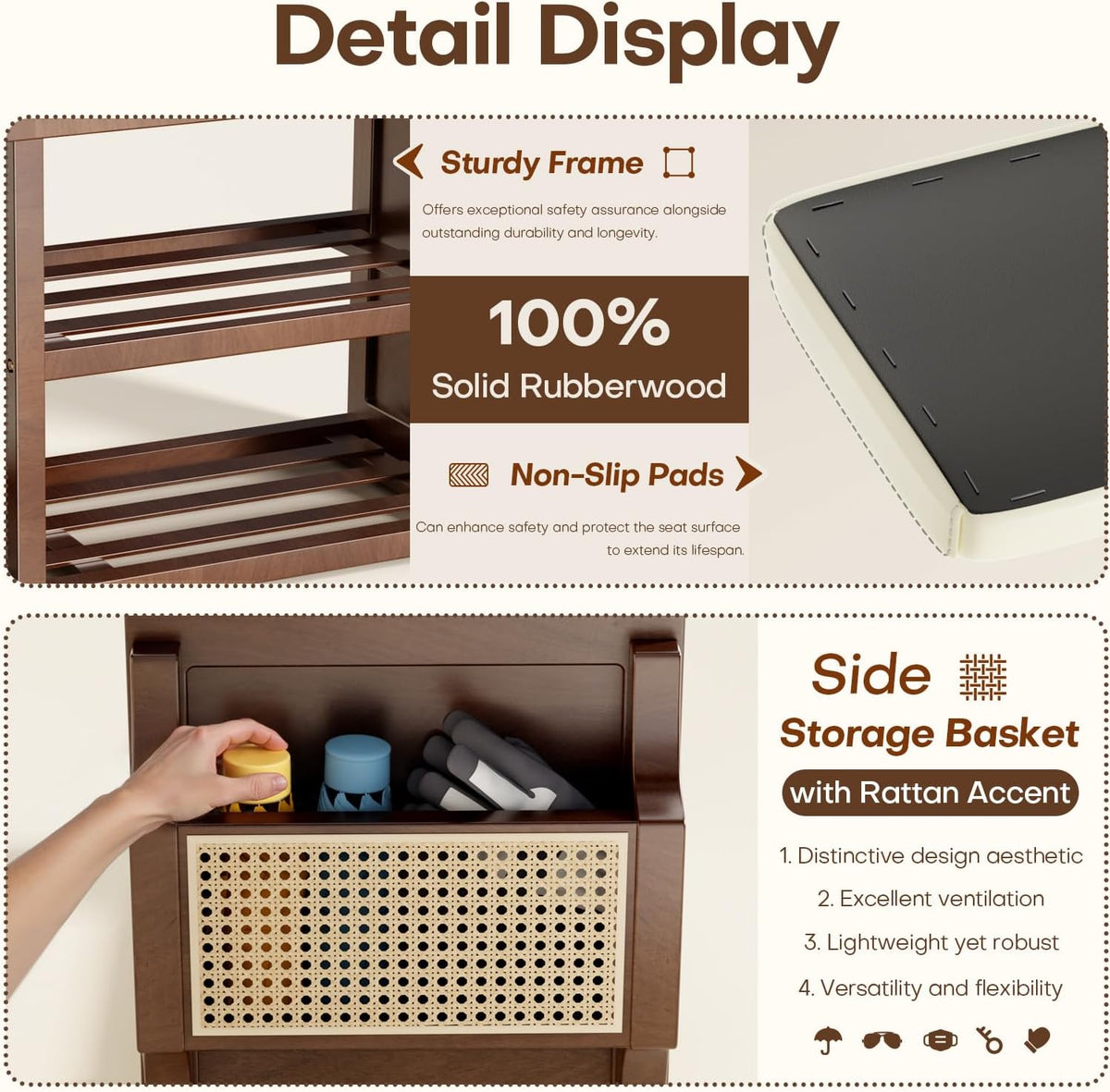 Solid Wood Shoe Bench with Leather Cushion, Shoe Storage Organizer with Side Holder, Shoe Rack Bench for Entryway, Hallway, Living Room, Mudroom, Holds Up to 550lb (Walnut, 39.4"W*12.6"D*18.9"H)