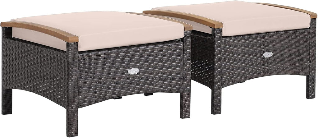 Tangkula 2 Piece Patio Rattan Ottomans, Outdoor Wicker Footstool w/Acacia Wood Handles, Soft Zippered Cushions, 3-in-1 Function Footstool Seat & Side Table for Backyard, Balcony, Poolside (Beige)