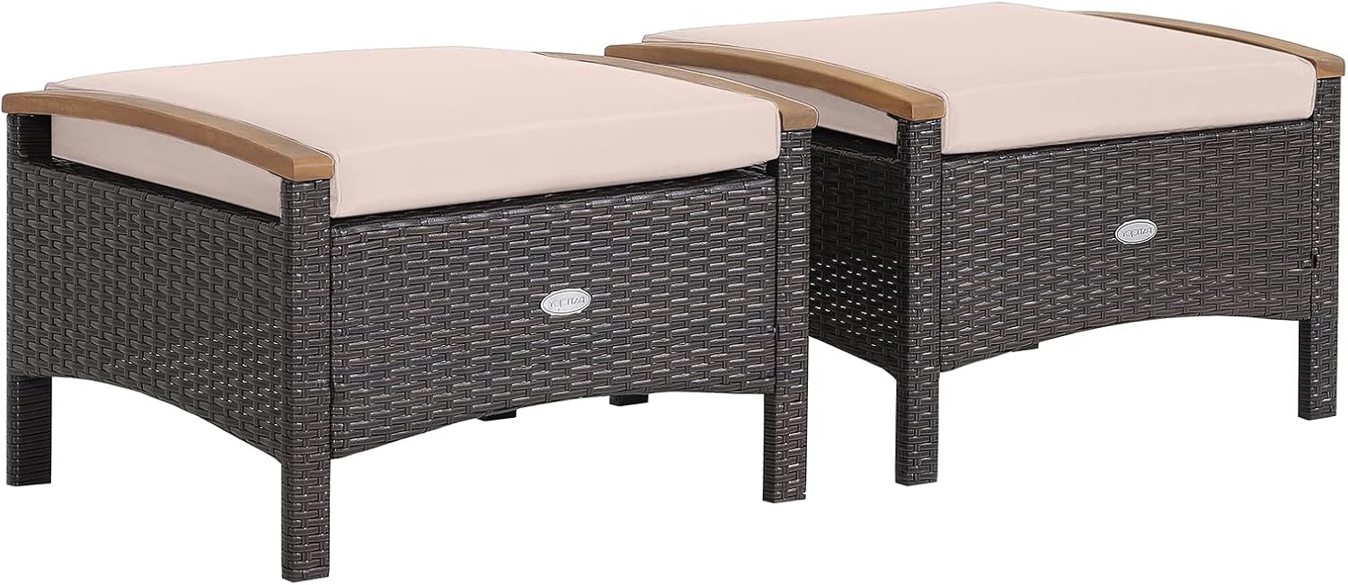 Tangkula 2 Piece Patio Rattan Ottomans, Outdoor Wicker Footstool w/Acacia Wood Handles, Soft Zippered Cushions, 3-in-1 Function Footstool Seat & Side Table for Backyard, Balcony, Poolside (Beige)