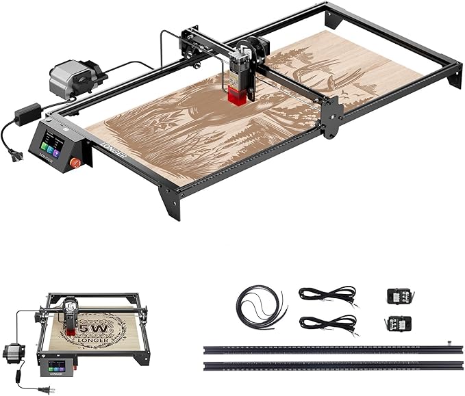 Longer RAY5 5W Laser Engraver with Air Pump, Limit Switch Kit and Y-Axis Extension Kit, Expand Working Area to 33.46" x 15.75", 3.5” Color Touch Screen, DIY Engraver Tool for Metal/Glass/Wood