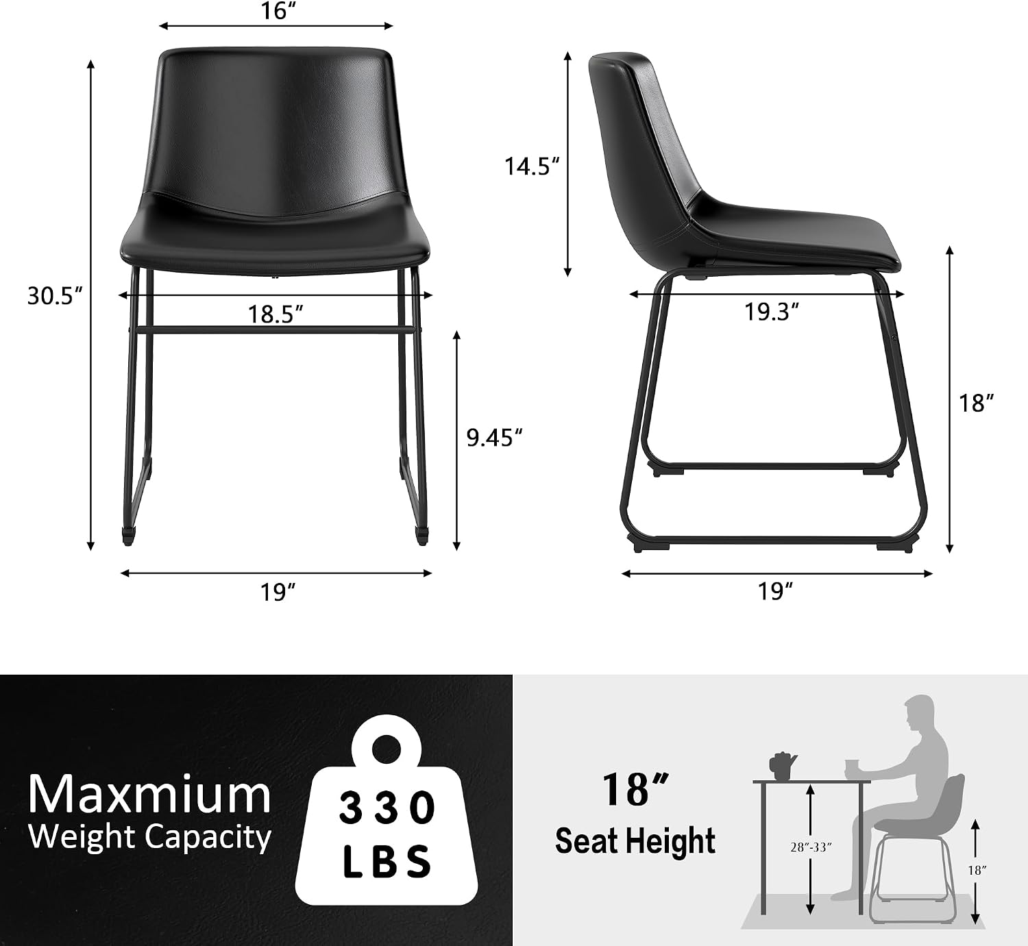 GOTMINSI Dining Chairs Set of 4, 18 Inch Modern Dinner Chairs, PU Leather Armless Dining Room Chairs with Sturdy Metal Legs and Upholstered Backrest for Kitchen (Black)