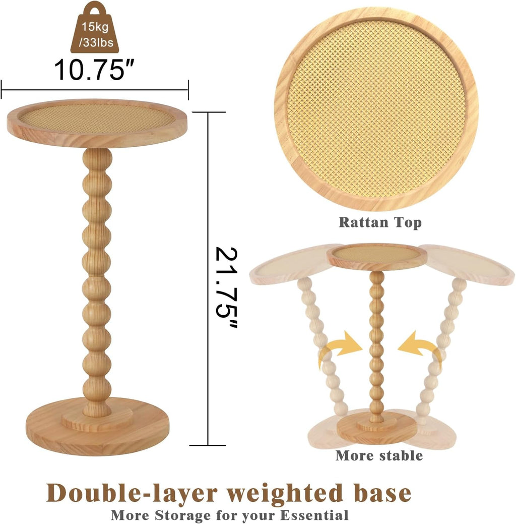 COVLON Solid Wood Drink Table, Small Pedestal Side Table for Small Spaces, Round Rattan Accent End Table Nightstand with Decorative Ball Legs for Living Room, Bedroom, Office, Corners