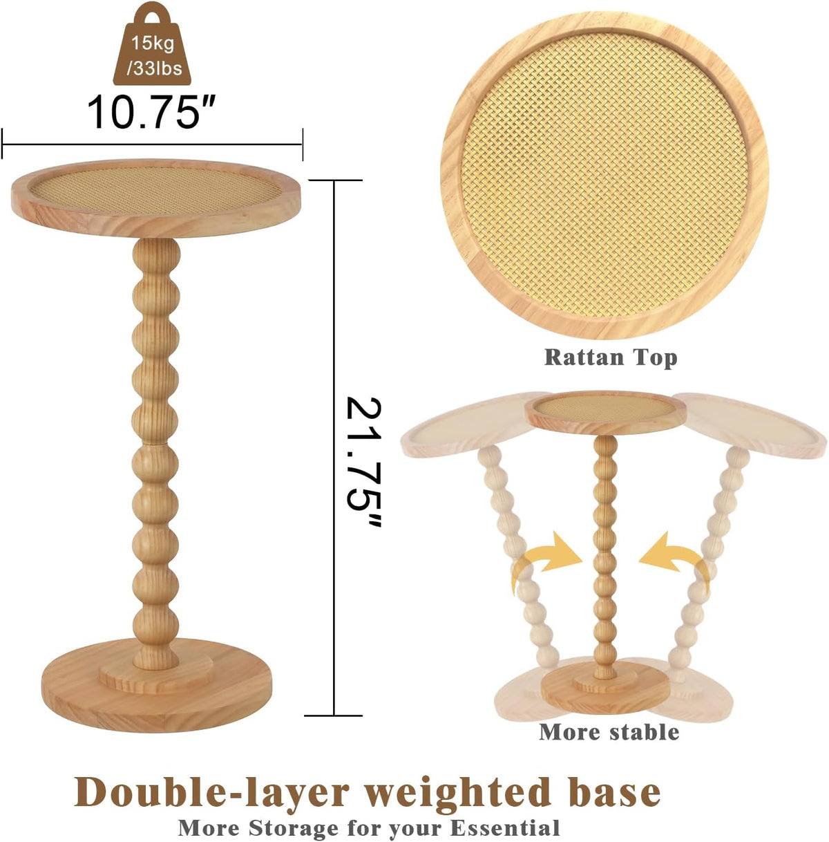COVLON Solid Wood Drink Table, Small Pedestal Side Table for Small Spaces, Round Rattan Accent End Table Nightstand with Decorative Ball Legs for Living Room, Bedroom, Office, Corners