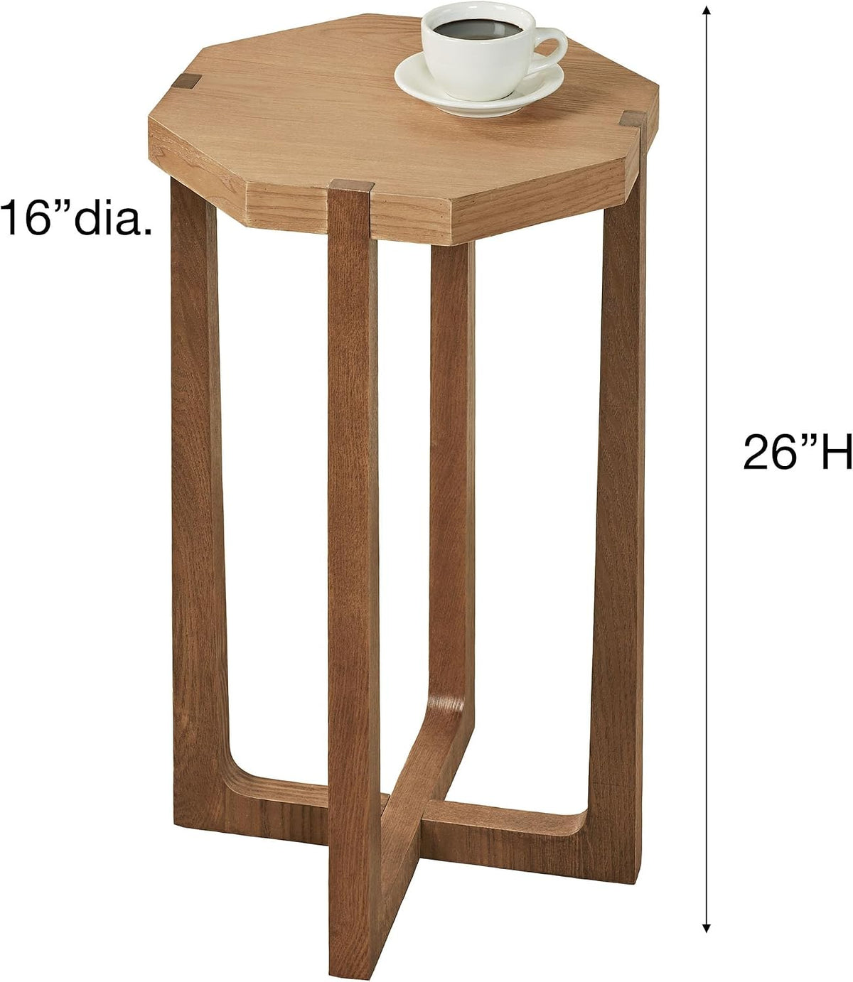 Huxley Octagonal End Table with Weathered Oak Top and Dark Walnut Crossing Legs | 16 inch Diameter x 26 inch high | Wooden Side Table for Living Room, Bedroom, or Office | Modern | Geometric