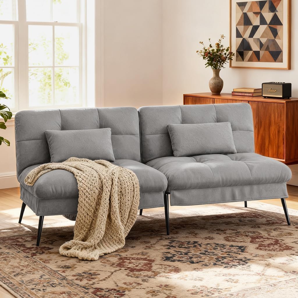 COMHOMA 72″ Convertible Futon Sofa Bed, Adjustable Backrest, Grey | Breathable Fabric Futon Couch with Pillows,Multi-angle Ergonomic Reclining,Space-saving Sleeper Sofa for Living Room