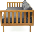Christopher Knight Home Claremont Outdoor 3 Seater Acacia Wood Daybed with Fabric Water Resistant and Removable Cushions, Patio Garden Sofa with Slat Paneling Armrest and Back, Teak and Dark Grey