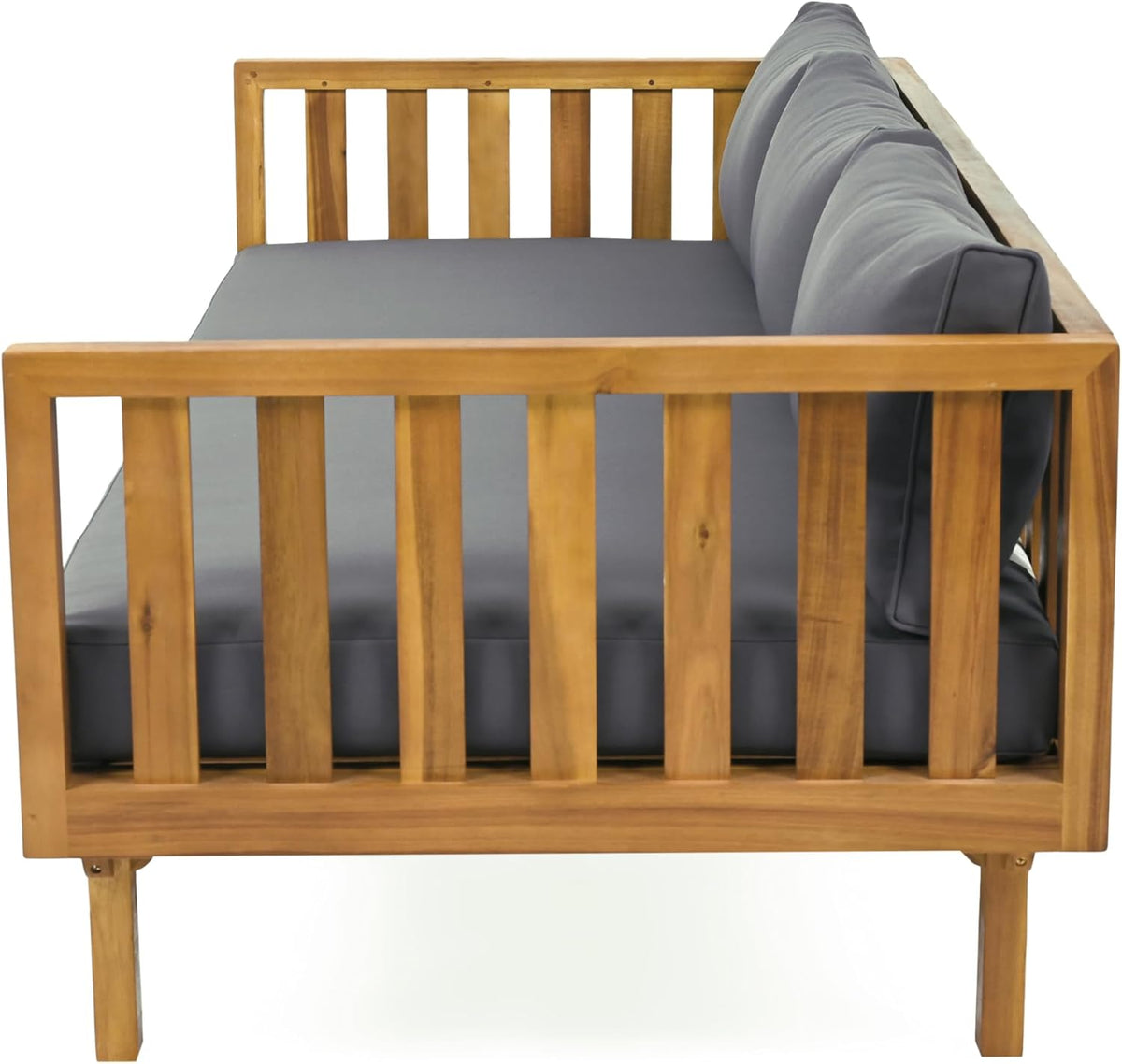 Christopher Knight Home Claremont Outdoor 3 Seater Acacia Wood Daybed with Fabric Water Resistant and Removable Cushions, Patio Garden Sofa with Slat Paneling Armrest and Back, Teak and Dark Grey
