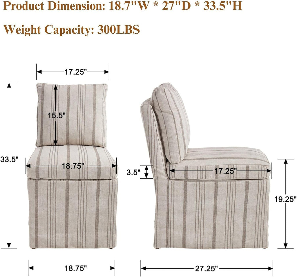Upholstered Dining Chairs Set of 2 Slipcovered Armless Dining Chair with Solid Wood Legs, Soft Padded Upholstered Side Chair for Dining/Living/Readin Room, Banquet, Khaki Stripe