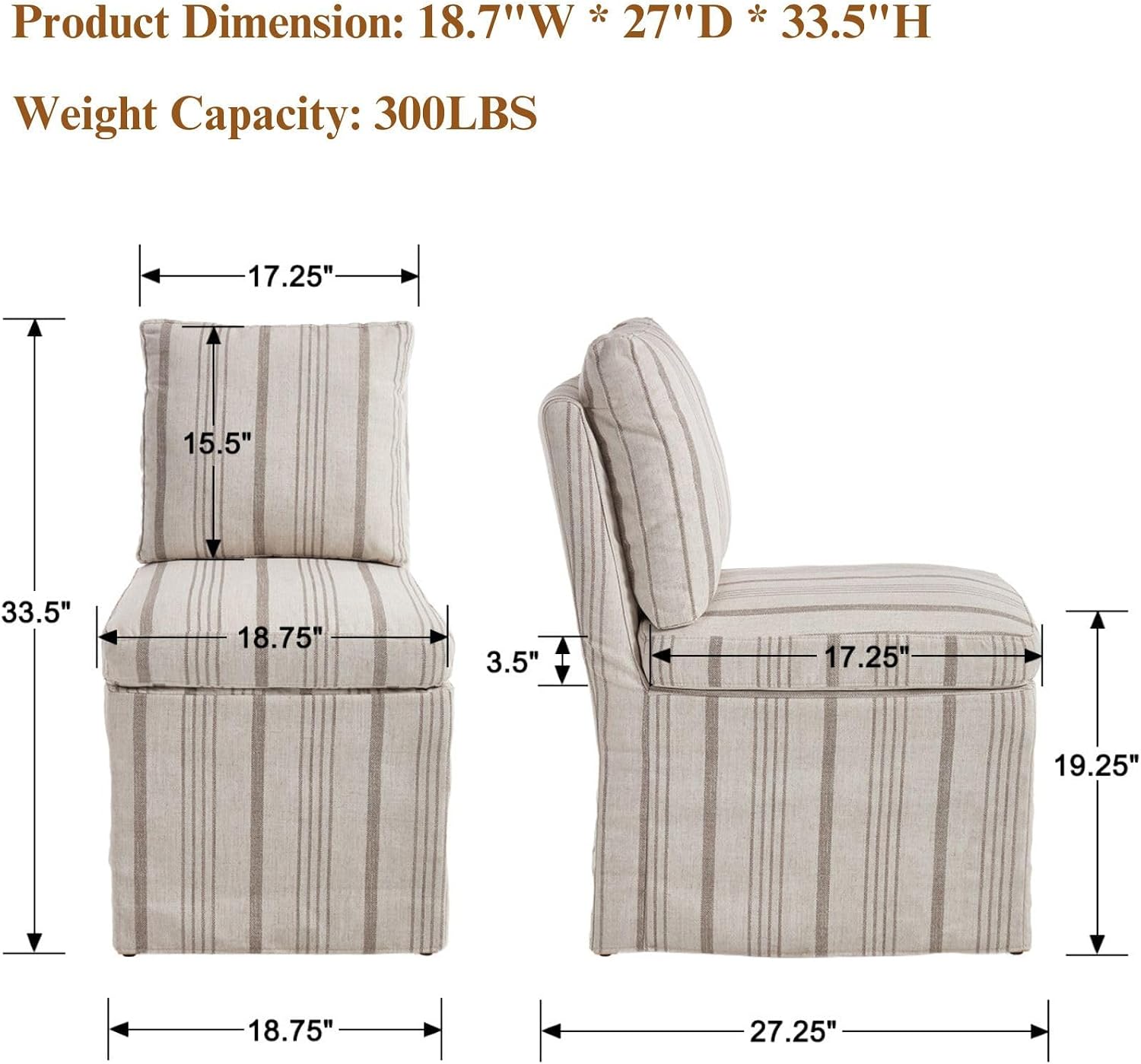 Upholstered Dining Chairs Set of 2 Slipcovered Armless Dining Chair with Solid Wood Legs, Soft Padded Upholstered Side Chair for Dining/Living/Readin Room, Banquet, Khaki Stripe