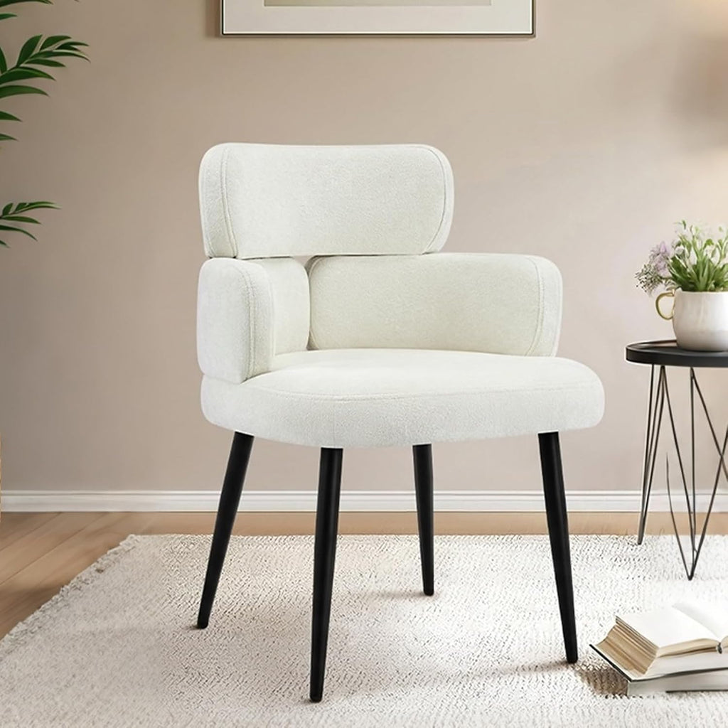 Modern Upholstered Dining Chair, Accent Chair with Soft Fabric, Black Metal Legs, Reading Chair for Living Room, Vanity Chair for Makeup Room, Bedroom, Beige