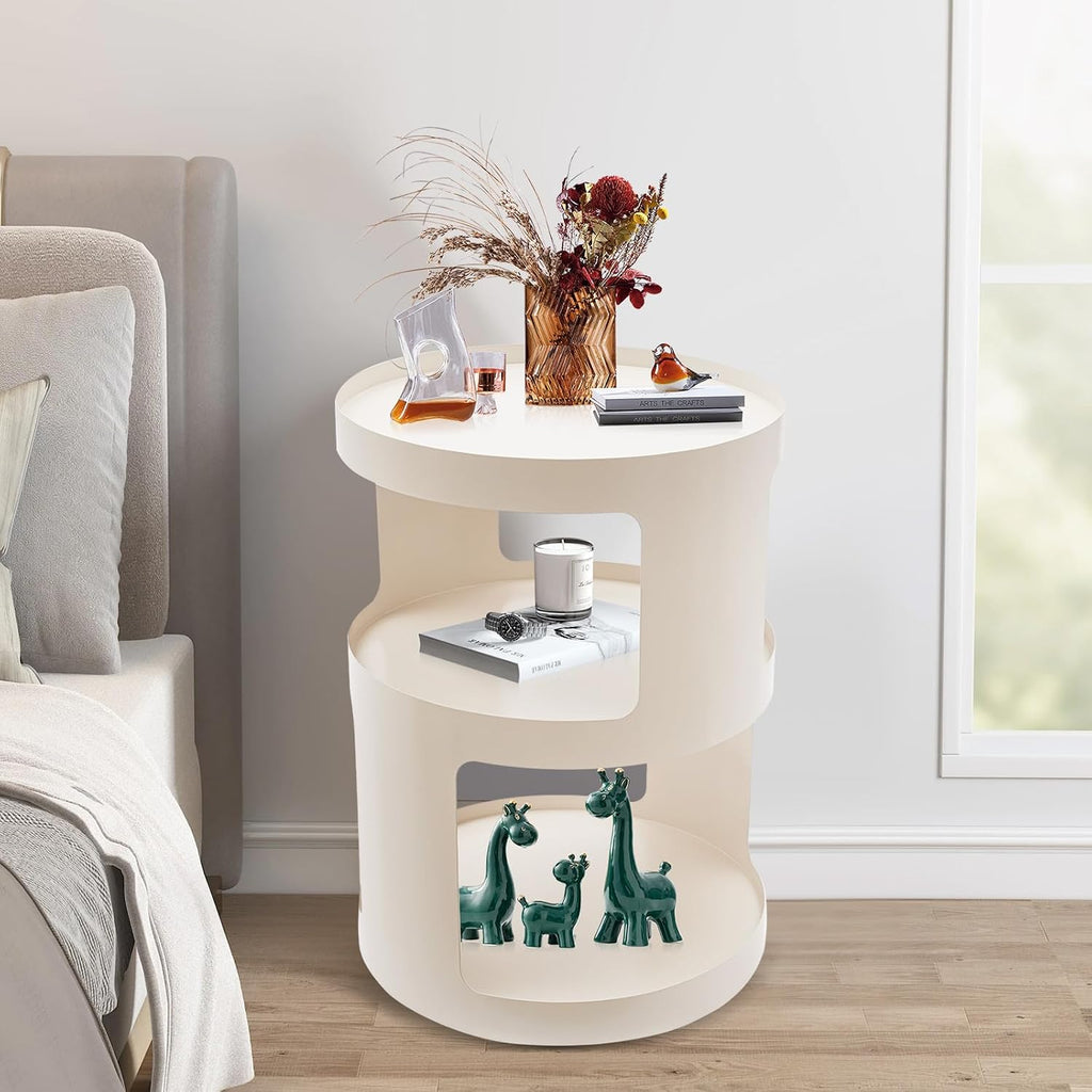 Bed Side Table, Round End Table Metal Small Bedside Table, Modern Nightstand Small Accent Table No Assembly Required Drink Tables for Living Room, Bedroom, Office, Entryway (White)