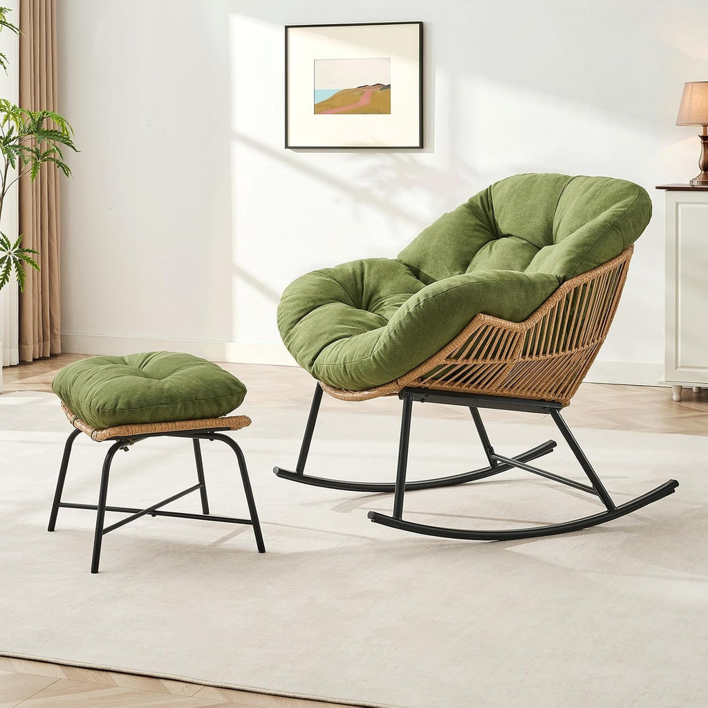 Papasan Rocking Chair with Ottoman, Oversized Papasan Chair, Olive Green | Indoor & Outdoor Rocker Chair with Padded Cushion for Living Room, Patio, Garden