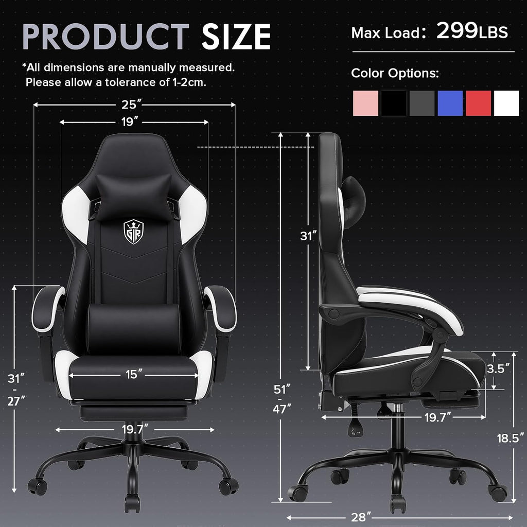 GTPLAYER Gaming Chair with Footrest, High Back Computer Chairs for Adults with Linkage Armrest Lumbar Support Heavy Duty 350lbs Ergonomic Swivel PC Game Chair for Office, White