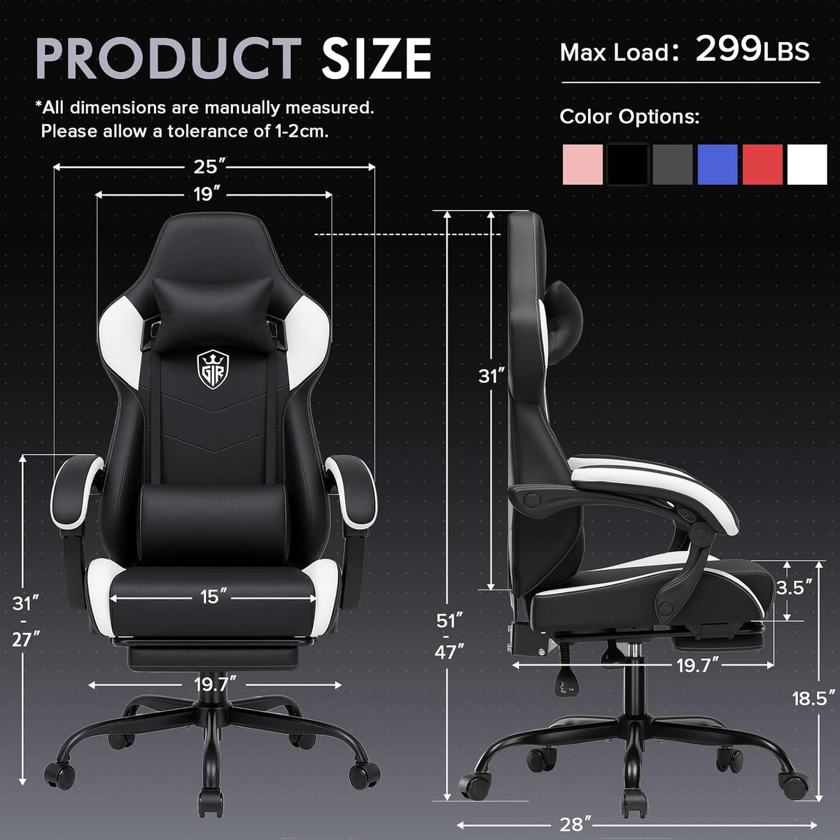 GTPLAYER Gaming Chair with Footrest, High Back Computer Chairs for Adults with Linkage Armrest Lumbar Support Heavy Duty 350lbs Ergonomic Swivel PC Game Chair for Office, White