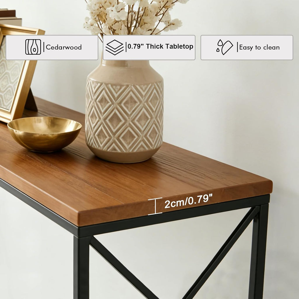 DDK 40" Narrow Console Table, Thin Sofa Side Entryway Table with X-Shaped Metal Frame, Rustic Wood Entry Way Display Table for Hallway, Living Room, Small Spaces