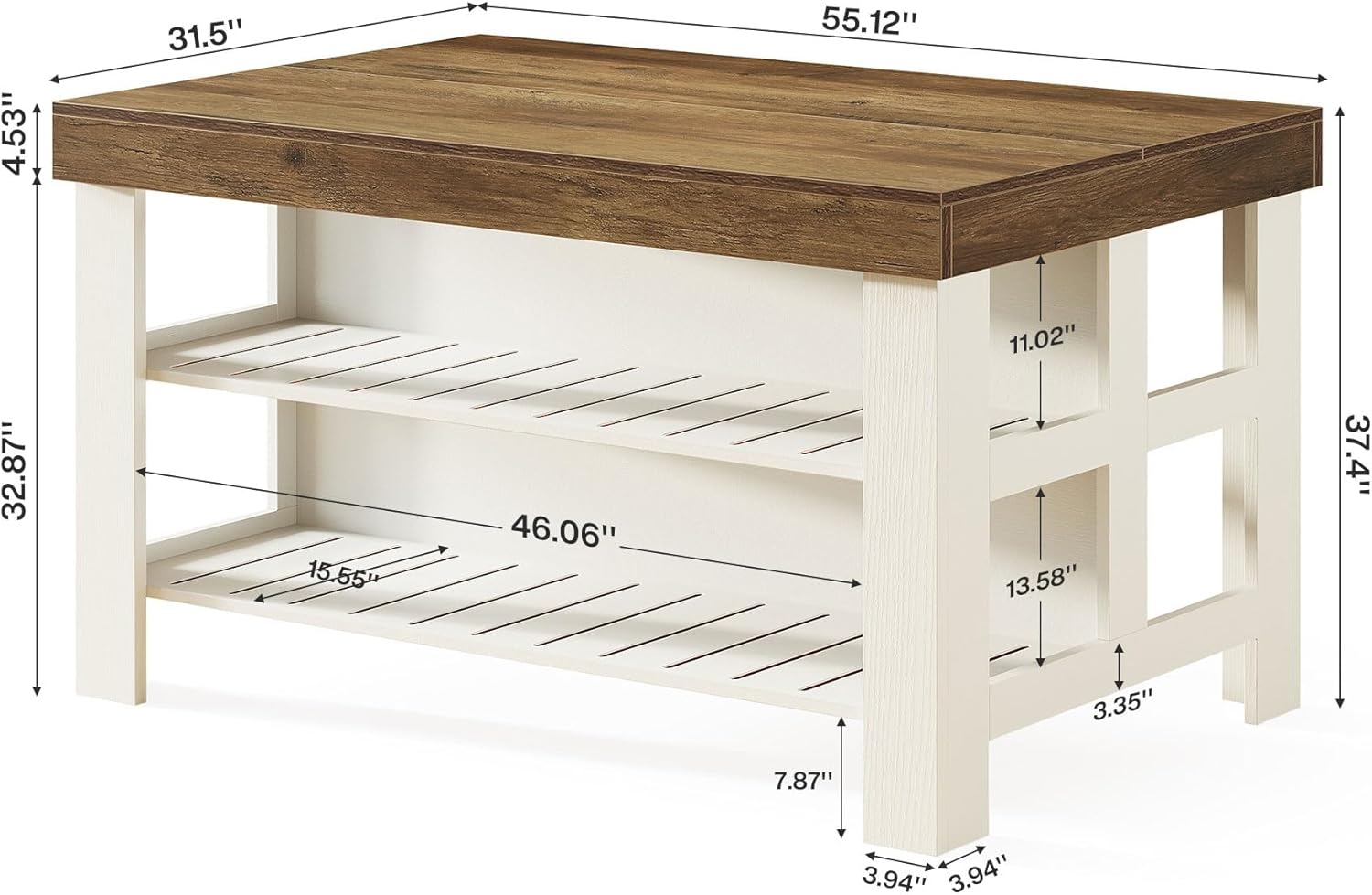 Tribesigns Kitchen Island with Seating and Storage Shelves, 55.1-Inch Breakfast Counter Farmhouse Island Table for Kitchen Dining Room (White and Light Brown)