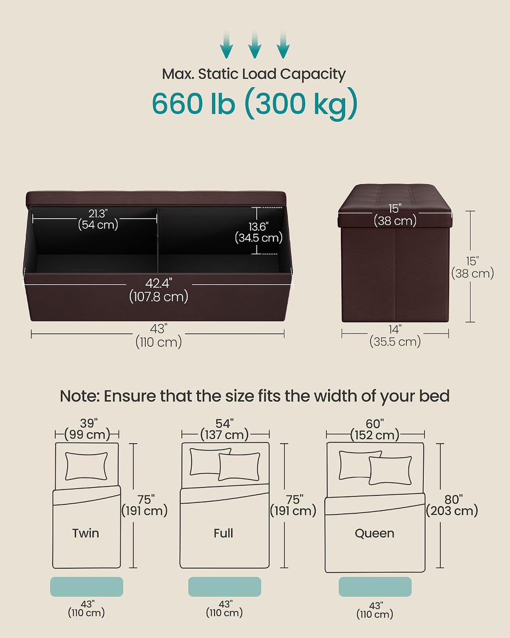 SONGMICS Storage Ottoman Bench, 43.3 Inches Folding Foot Rest Stool | PU Leather, Easy Assembly, for Living Room, Bedroom, Entryway, Rustic Walnut and Ink Black, MINOTA Collection ULSF703