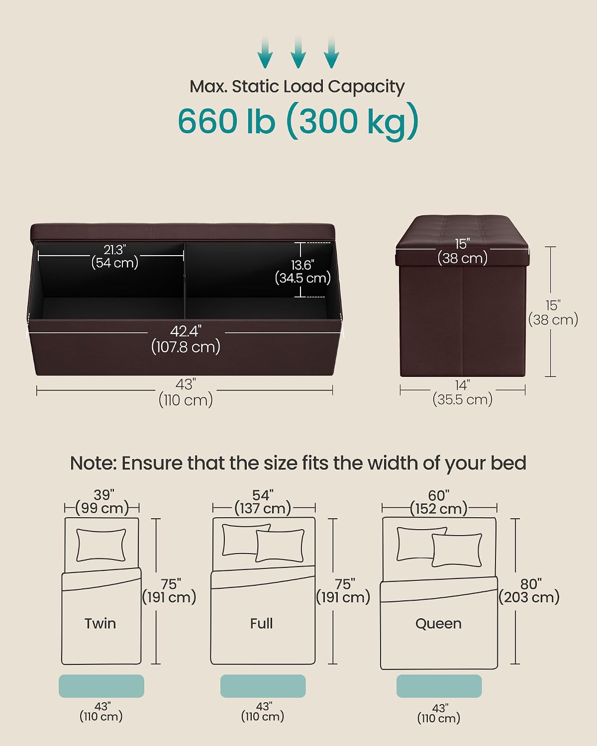 SONGMICS Storage Ottoman Bench, 43.3 Inches Folding Foot Rest Stool | PU Leather, Easy Assembly, for Living Room, Bedroom, Entryway, Rustic Walnut and Ink Black, MINOTA Collection ULSF703