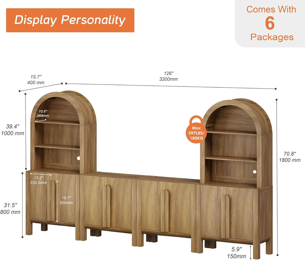 WAMPAT 6 in 1 Large 71" Tall Arched Cabinet with Doors, Modern Farmhouse Kitchen Pantry Cabinet for Kitchen, Living Room, Walnut