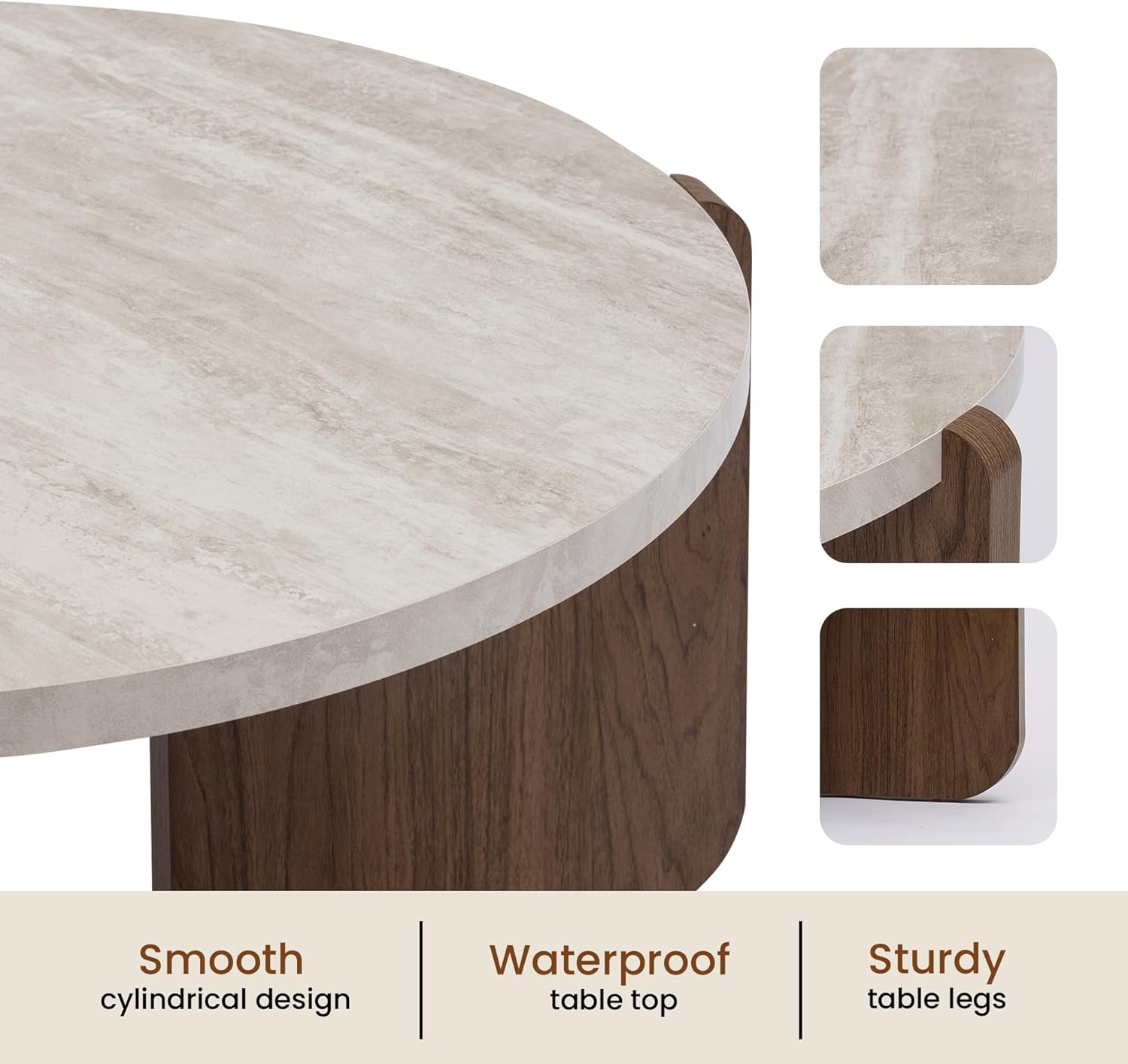 SUNBURY Coffee Table and End Table Sets, Round Marble Modern 3-Piece Living Room Table Set for Office, Living Room, Apartment, Small Space, Easy Assembly Living Room Furniture, Faux Marble