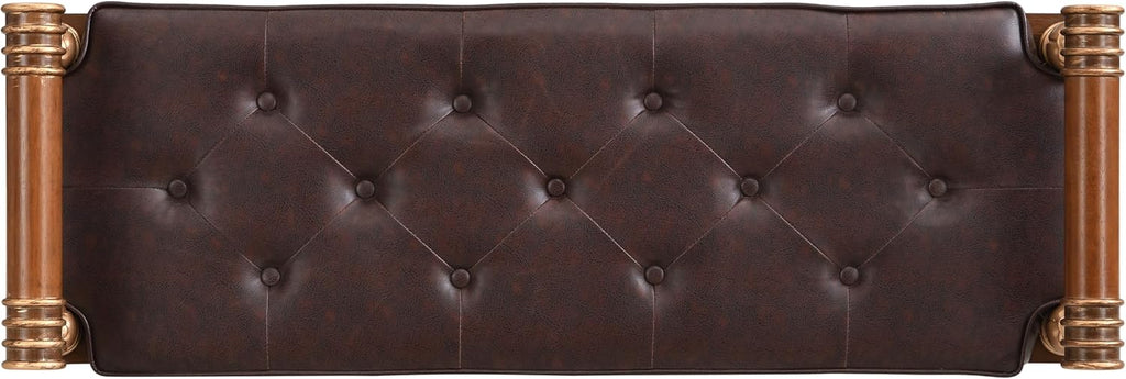 Christopher Knight Home Yae Luxurious PU Leather Upholstered End of Bed Ottoman, Wooden Living Room Ottoman Bench with Fluted Legs/Cylindrical Arm, Long Entryway Bench with Button Tufting, Brown