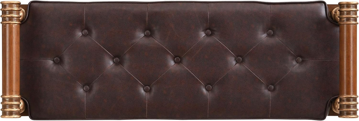 Christopher Knight Home Yae Luxurious PU Leather Upholstered End of Bed Ottoman, Wooden Living Room Ottoman Bench with Fluted Legs/Cylindrical Arm, Long Entryway Bench with Button Tufting, Brown