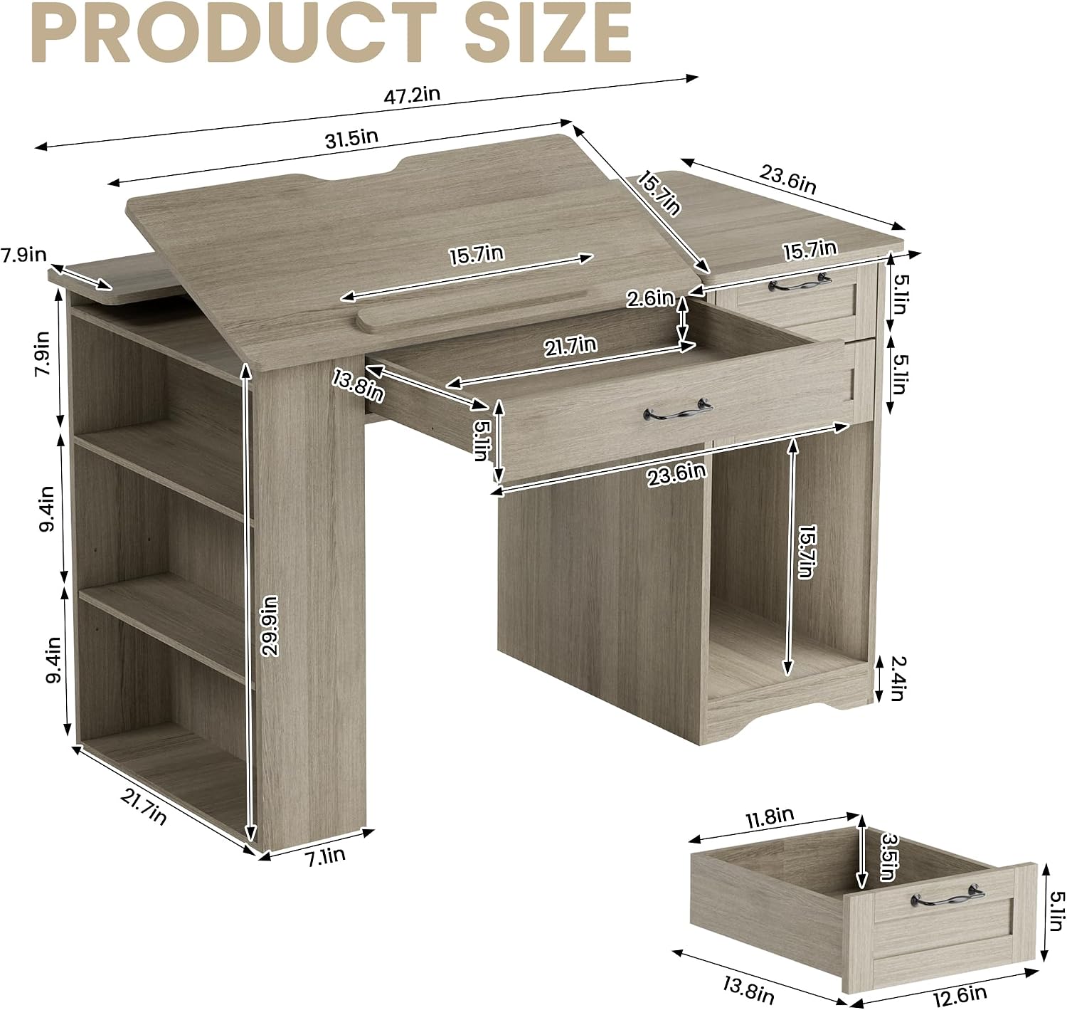 Drafting Table with Storage Cabinet & Drawers, Adjustable Drawing Table with Open Shelves, Craft Art Desk for Artists, Painters, Drawing, Crafting, Reading, Writing, Working (Grey)