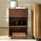 HULALA HOME Mid-Century Modern End Table with Drawer and Open Shelves, Solid Paulownia Wood Side Table, Brass Knob, No Assembly Required(Walnut)