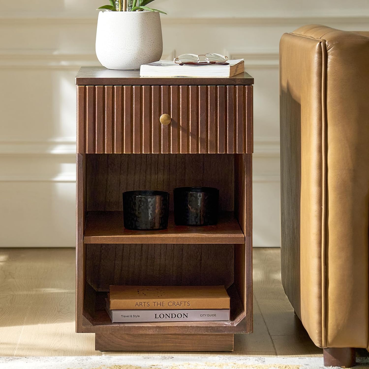 HULALA HOME Mid-Century Modern End Table with Drawer and Open Shelves, Solid Paulownia Wood Side Table, Brass Knob, No Assembly Required(Walnut)