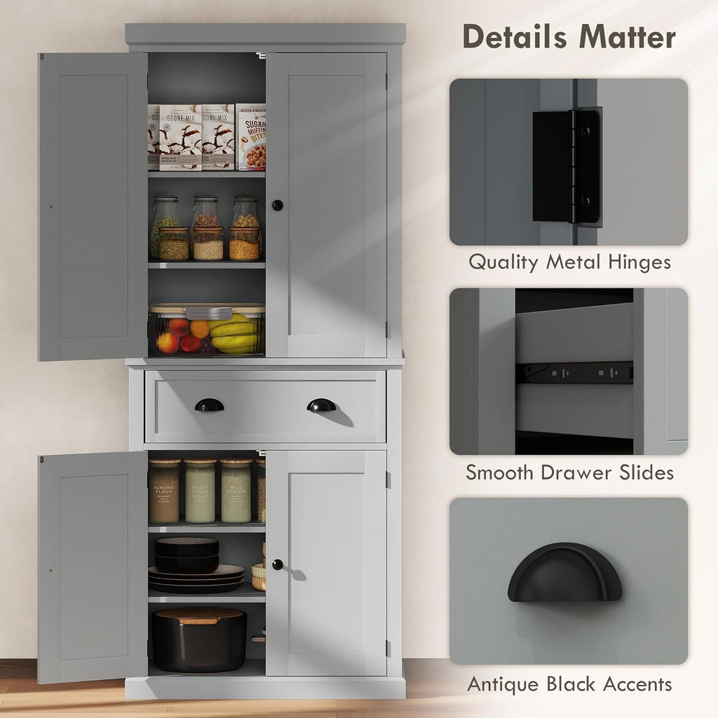 HOMCOM 72.5" Kitchen Pantry Cabinet, Traditional Freestanding Storage Cabinet with 4 Doors, Drawer and 3 Adjustable Shelves for Dining Room, Gray