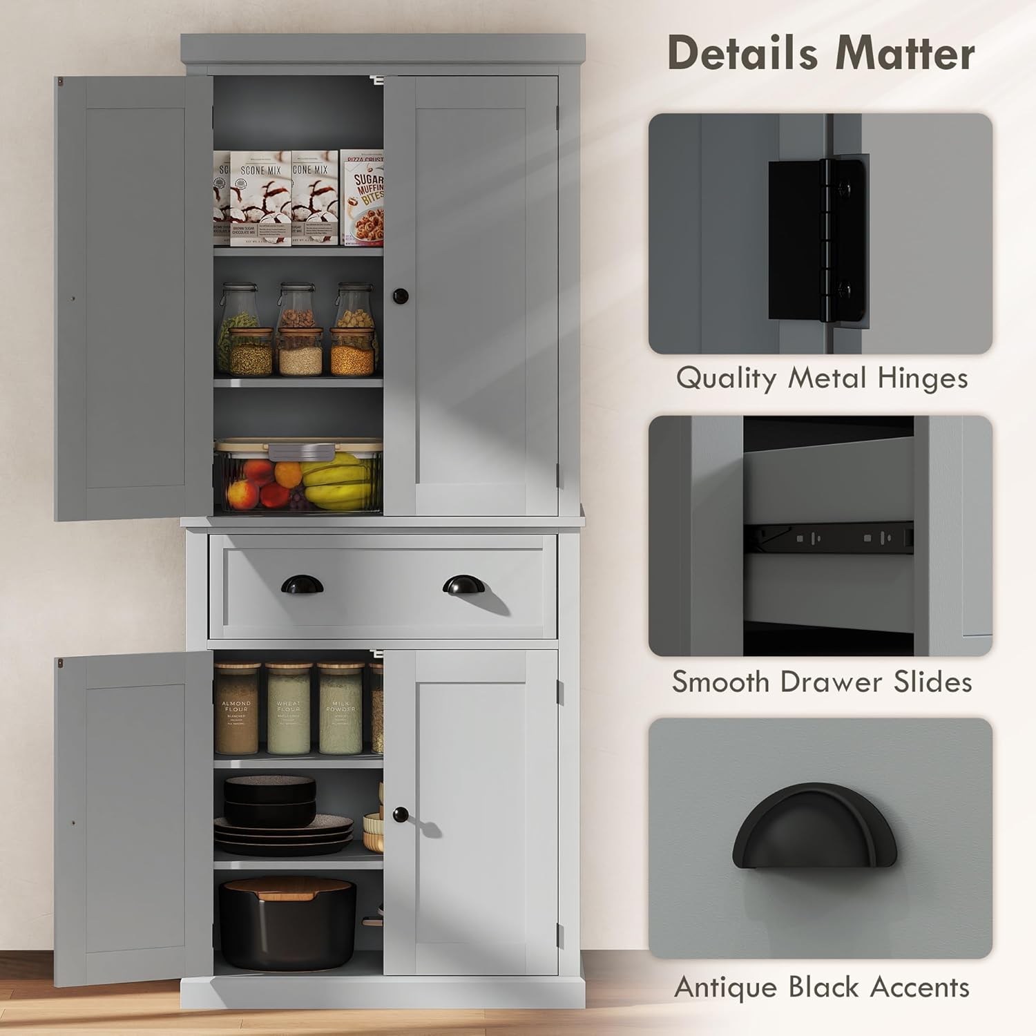 HOMCOM 72.5" Kitchen Pantry Cabinet, Traditional Freestanding Storage Cabinet with 4 Doors, Drawer and 3 Adjustable Shelves for Dining Room, Gray