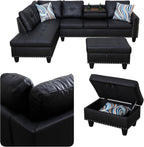 Leather L-Shaped Couch Set, 97.5"L x 69.5"W Sectional Sofas Black | Synthetic PU Leather, Stain-Resistant, 4 Seat Modular Couches with Storage Ottoman& Chaise,Apartment/Office/Living Room