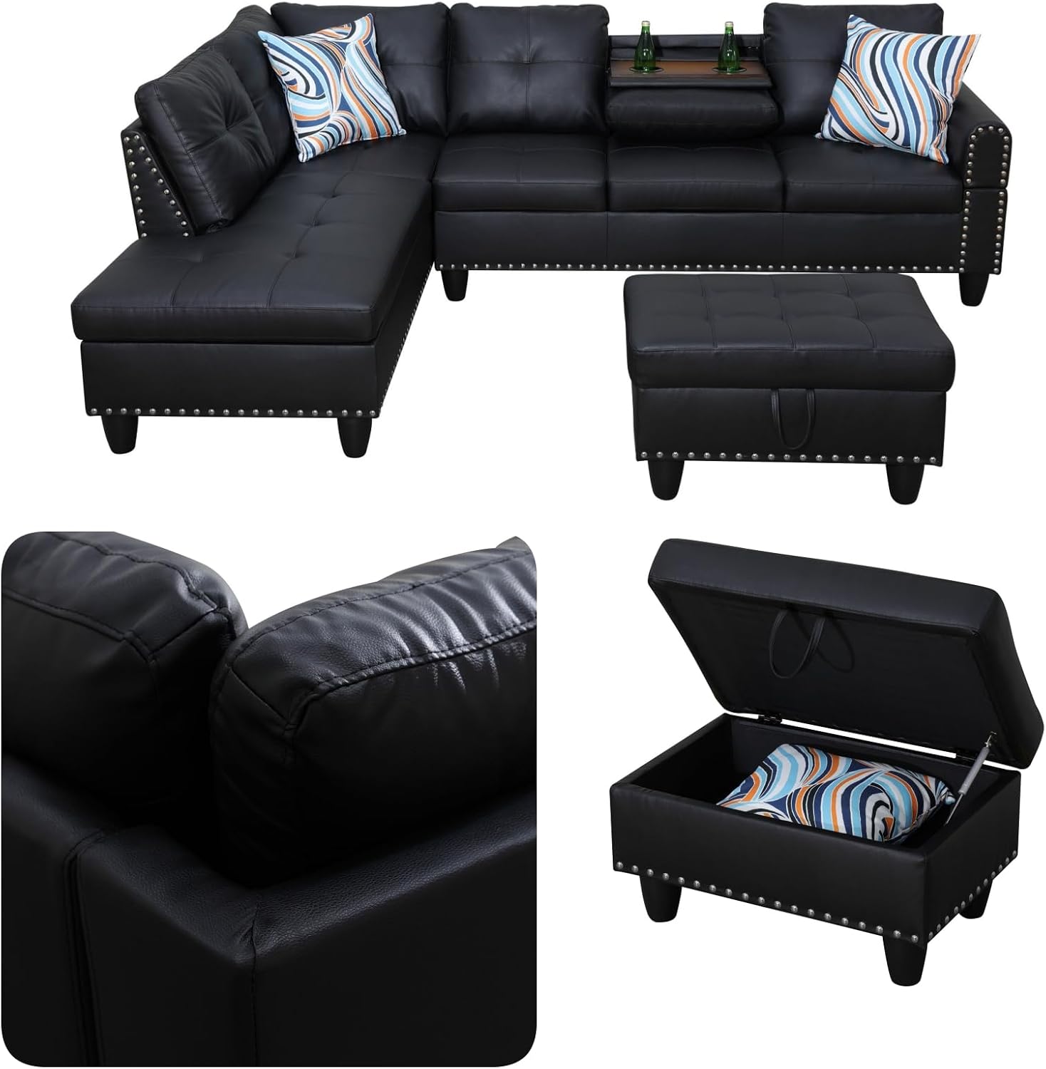 Leather L-Shaped Couch Set, 97.5"L x 69.5"W Sectional Sofas Black | Synthetic PU Leather, Stain-Resistant, 4 Seat Modular Couches with Storage Ottoman& Chaise,Apartment/Office/Living Room