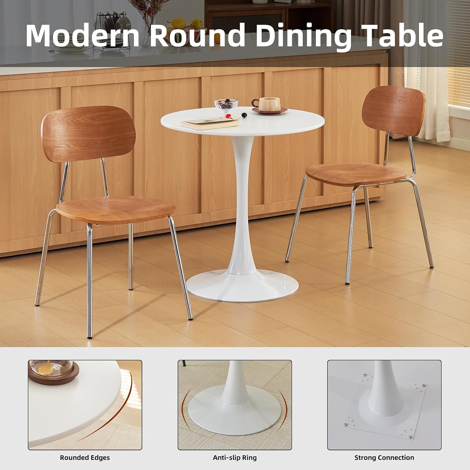 Round Dining Table, 27.6" Circle Tulip Table with Thickened Tabletop & Metal Pedestal, Mid Century Modern Bistro Table for Kitchen, Small Places, Living Room, Cafe (White)