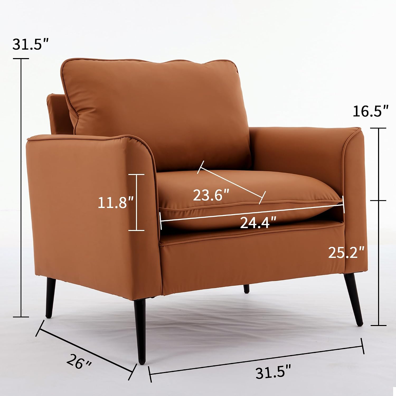 YISHENG Mid-Century Modern Living Room Accent Chairs Set of 2 - Oversized Faux Leather Armchairs with Removable Cushions & Metal Legs, Comfortable Sofas for Office/Lounge/Bedroom/Reception,（Brown）