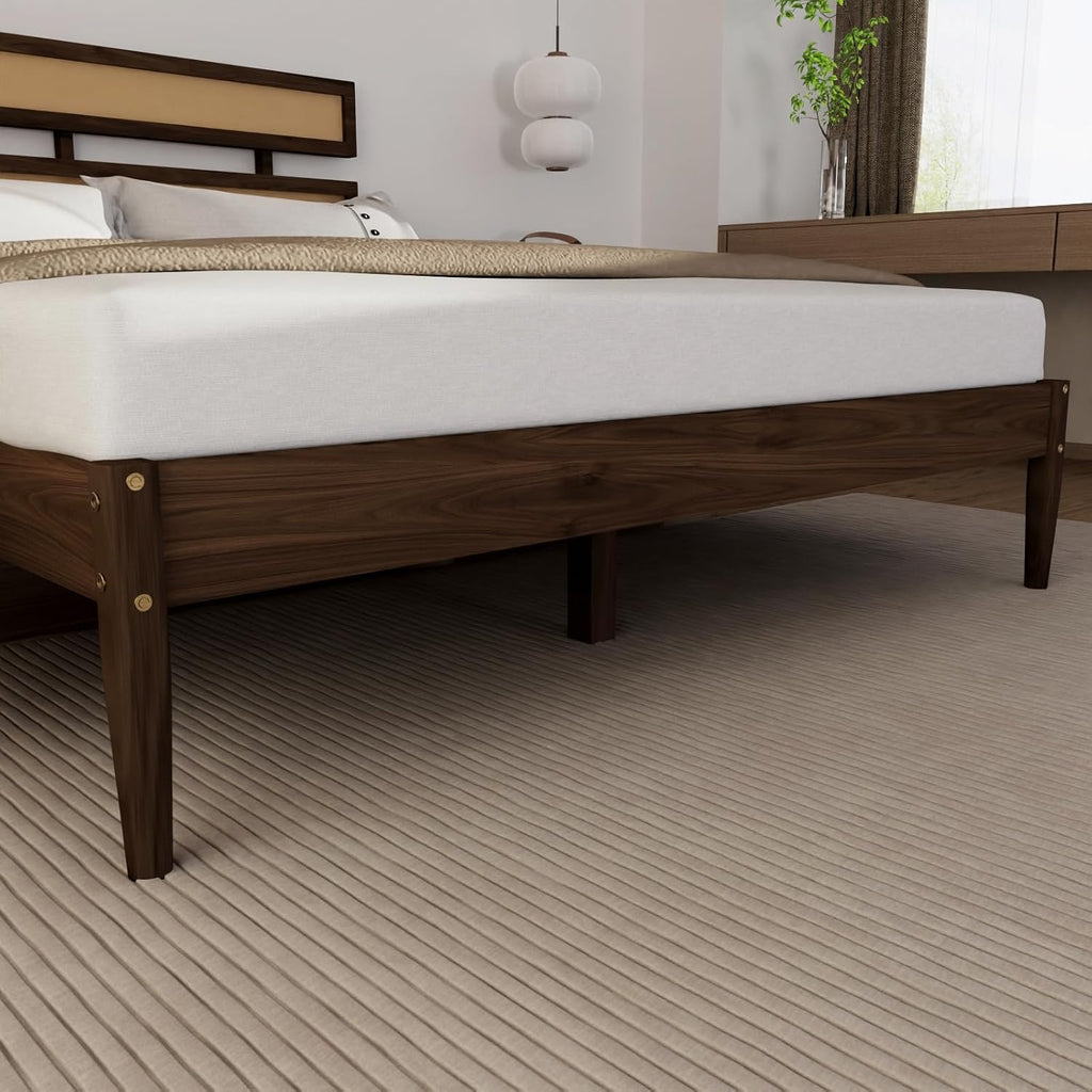 Karl home Bohemia Wood Bed Frame, Queen Size Platform Bed, Walnut Brown