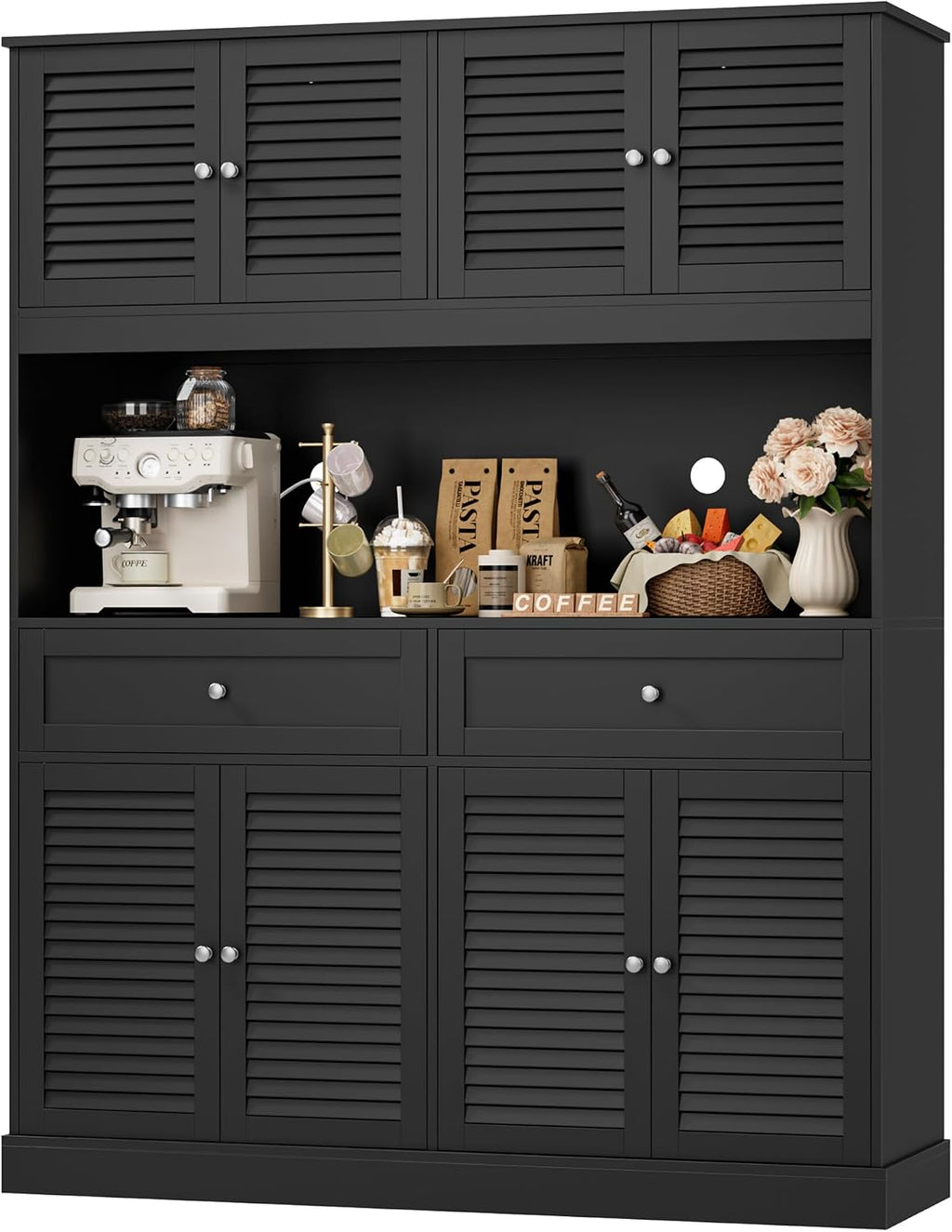 HIFIT 71“HX55“W Kitchen Hutch, Farmhouse Pantry Cabinet for Food Storage | Large Kitchen Pantry Cabinet with Countertop and Storage Drawers for Dining Living Room, Black