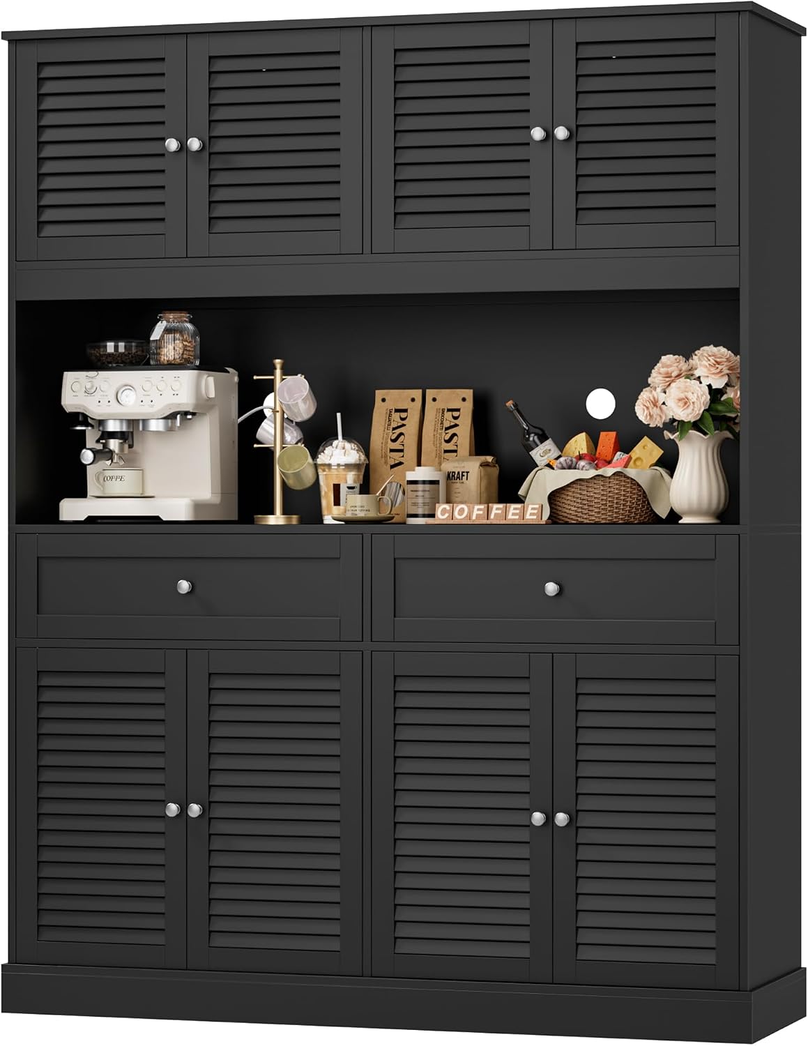 HIFIT 71“HX55“W Kitchen Hutch, Farmhouse Pantry Cabinet for Food Storage | Large Kitchen Pantry Cabinet with Countertop and Storage Drawers for Dining Living Room, Black