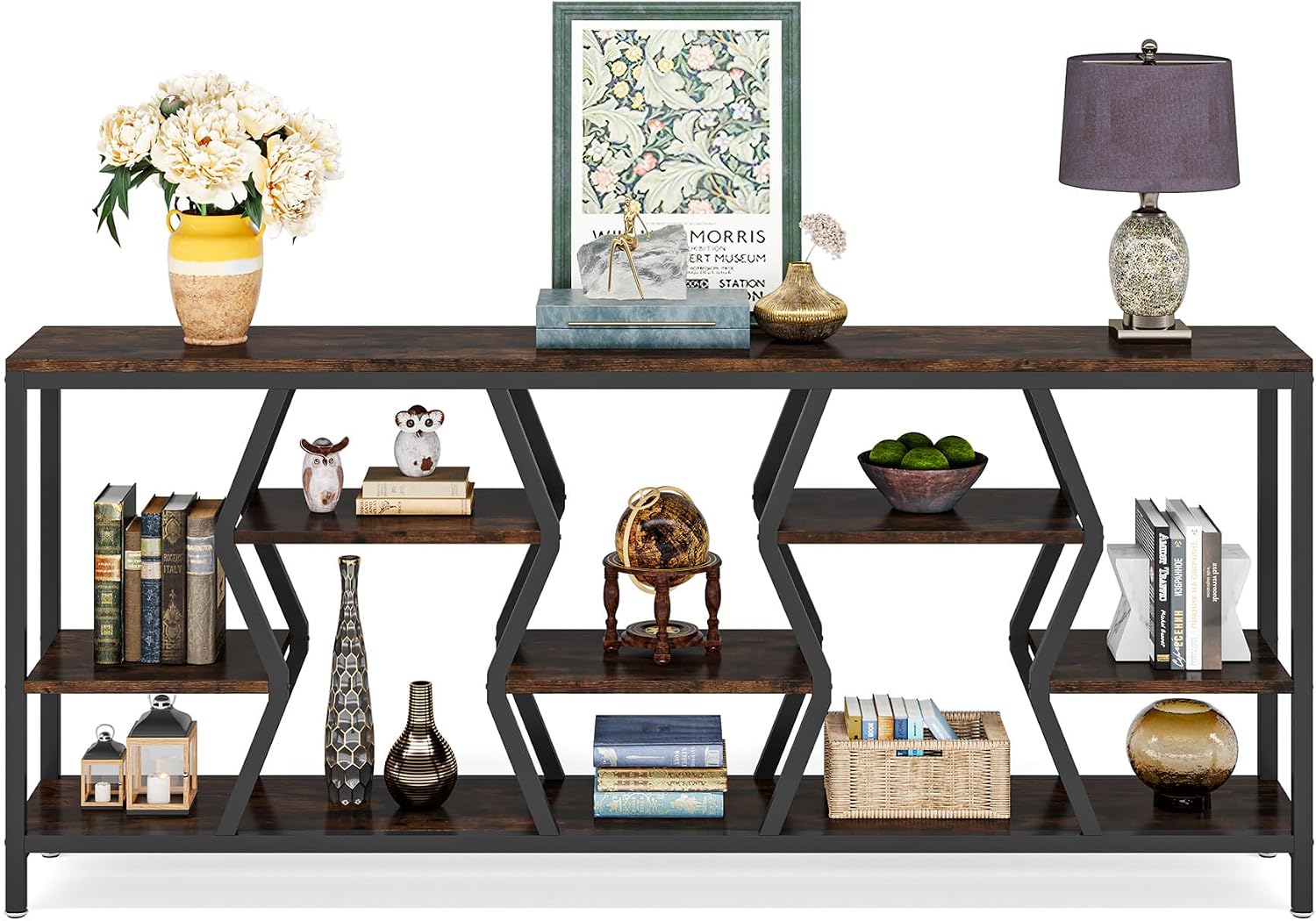 Tribesigns 70.9" Sofa Console Table with Storage Shelves (Rustic Brown) | 4 Tier Industrial Extra-Long Narrow Entryway Accent Tables for Hallway, Living Room, Foyer