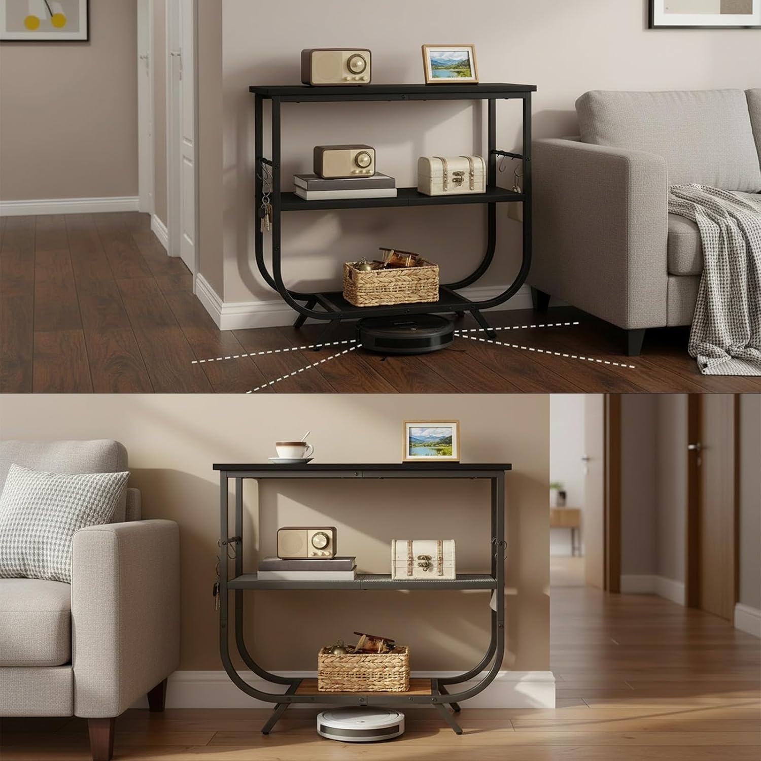 HOOBRO 3 Tier Small Console Table, 31.5" Entryway Table with Storage Shelf, Narrow Sofa Table, Behind Couch Table, Hallway Table with S-Hooks, for Living Room, Black BB63XG01