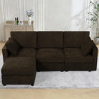 84” Chenille 3-Seats Sofa W/Movable Ottoman, Brown | Modern Fabric L-Shaped Couch w/Soft Backrests, Upholstered Sectional Sofa w/Arm Pillows for Living Room