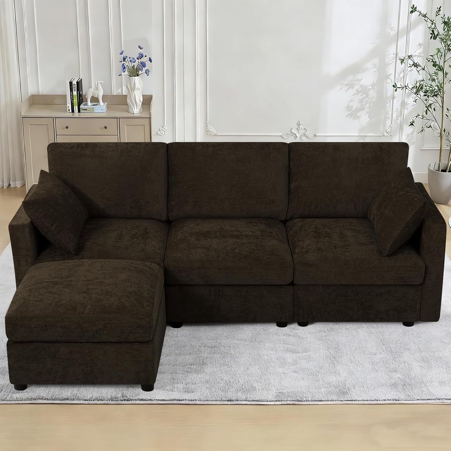 84” Chenille 3-Seats Sofa W/Movable Ottoman, Brown | Modern Fabric L-Shaped Couch w/Soft Backrests, Upholstered Sectional Sofa w/Arm Pillows for Living Room