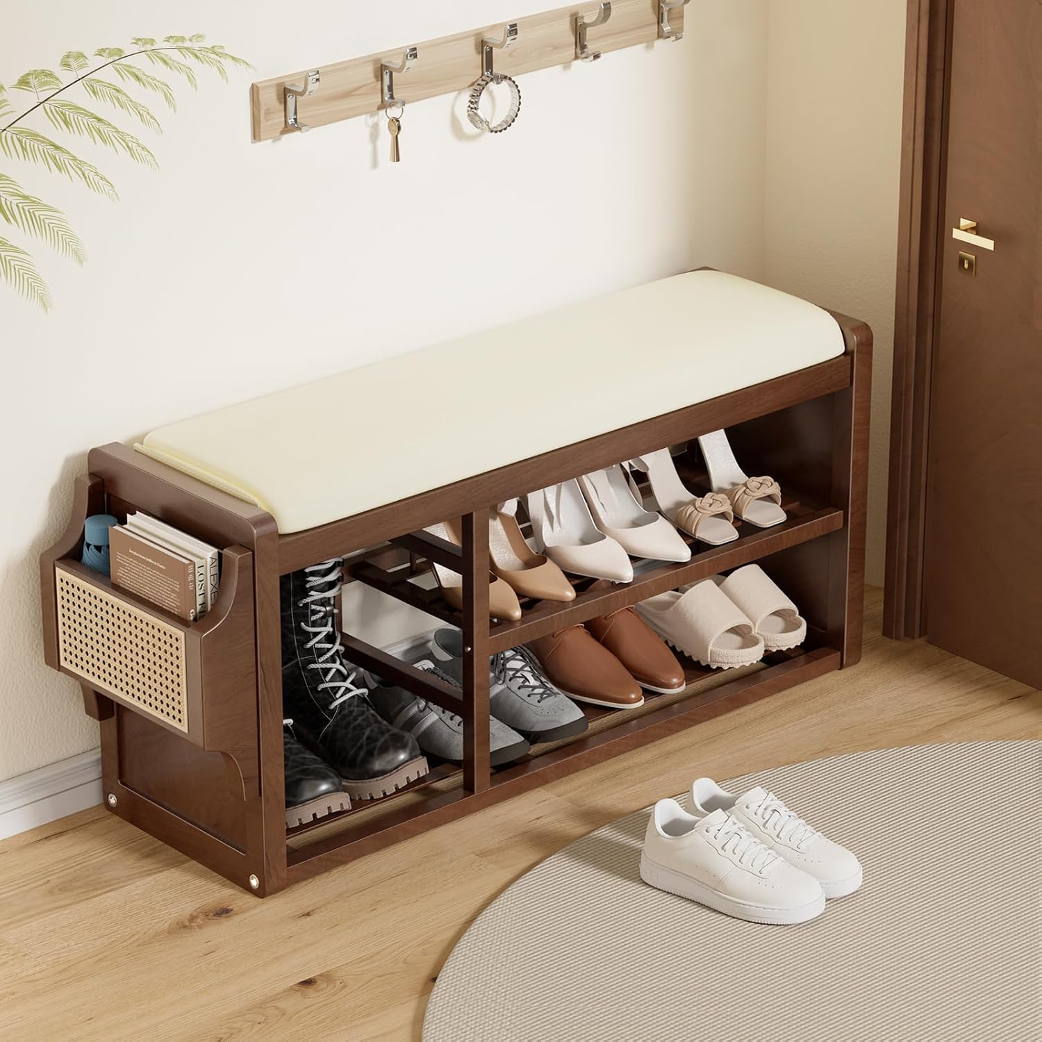 Solid Wood Shoe Bench with Leather Cushion, Shoe Storage Organizer with Side Holder, Shoe Rack Bench for Entryway, Hallway, Living Room, Mudroom, Holds Up to 550lb (Walnut, 39.4"W*12.6"D*18.9"H)