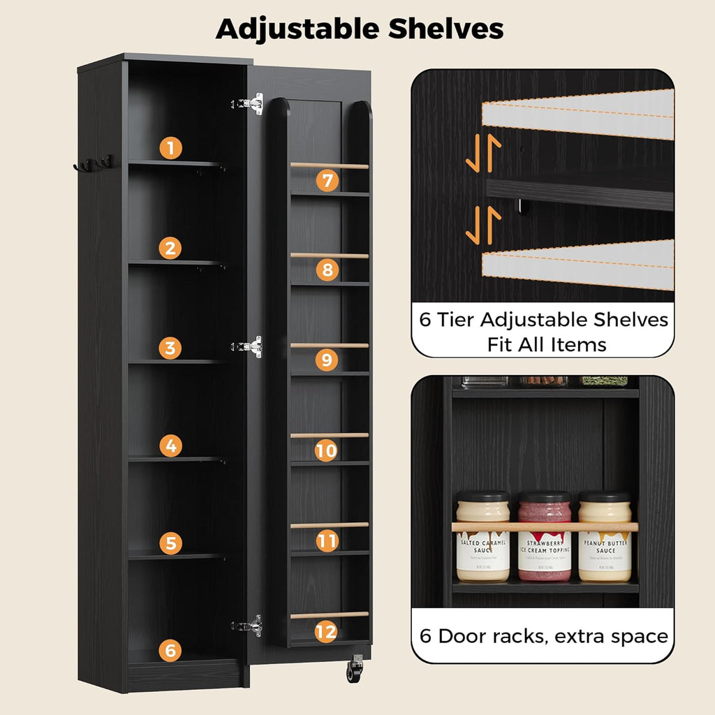 IRONCK Narrow Kitchen Pantry Storage Cabinet, 72" Slim Single Door with 6 Adjustable Shelves, Door Rack and Wheels, Space Saving Freestanding Storage Floor Cabinet for Small Place, Black
