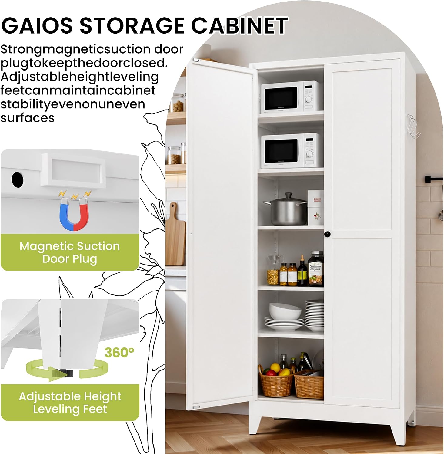 AQY 75" Pantry Cabinet, White Freestanding Storage Cabinet with 5 Adjustable Shelves, Metal Pantry Cupboard with Ventilation Design & Hanging Hooks, 2-Door Kitchen Organizer for Living Room Kitchen