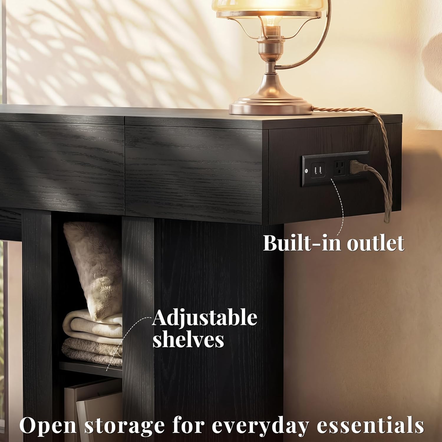 79" Entryway Console Table with Outlets & Storage-Black | 5.9" Thick Top,Zero Wobble,Behind Large Couch,Extra Long,Anti-Tip,Modern Farmhouse,Dense MDF,Living Room,Hallway,300lbs Load