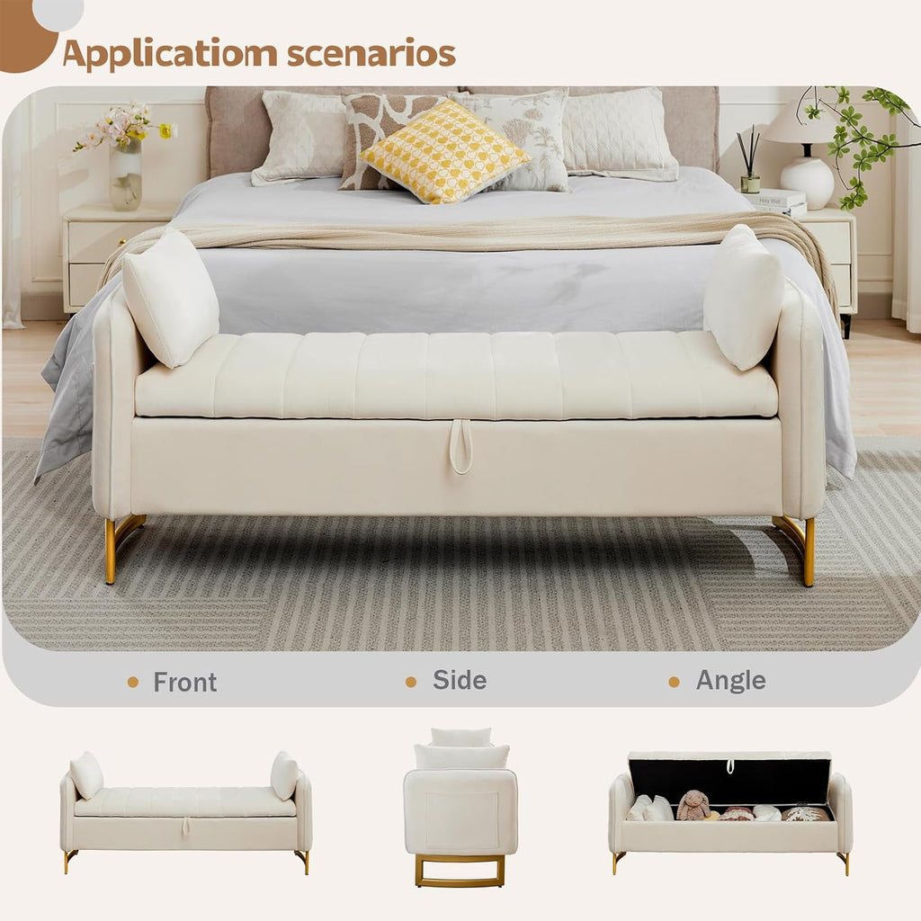 66" End of Bed Storage Bench King Size, Velvet Storage Benches for Bedroom Foot of Bed, Upholstered Storage Ottoman Bench with Golden Legs and Pillow for Living Room Window Entryway, Cream