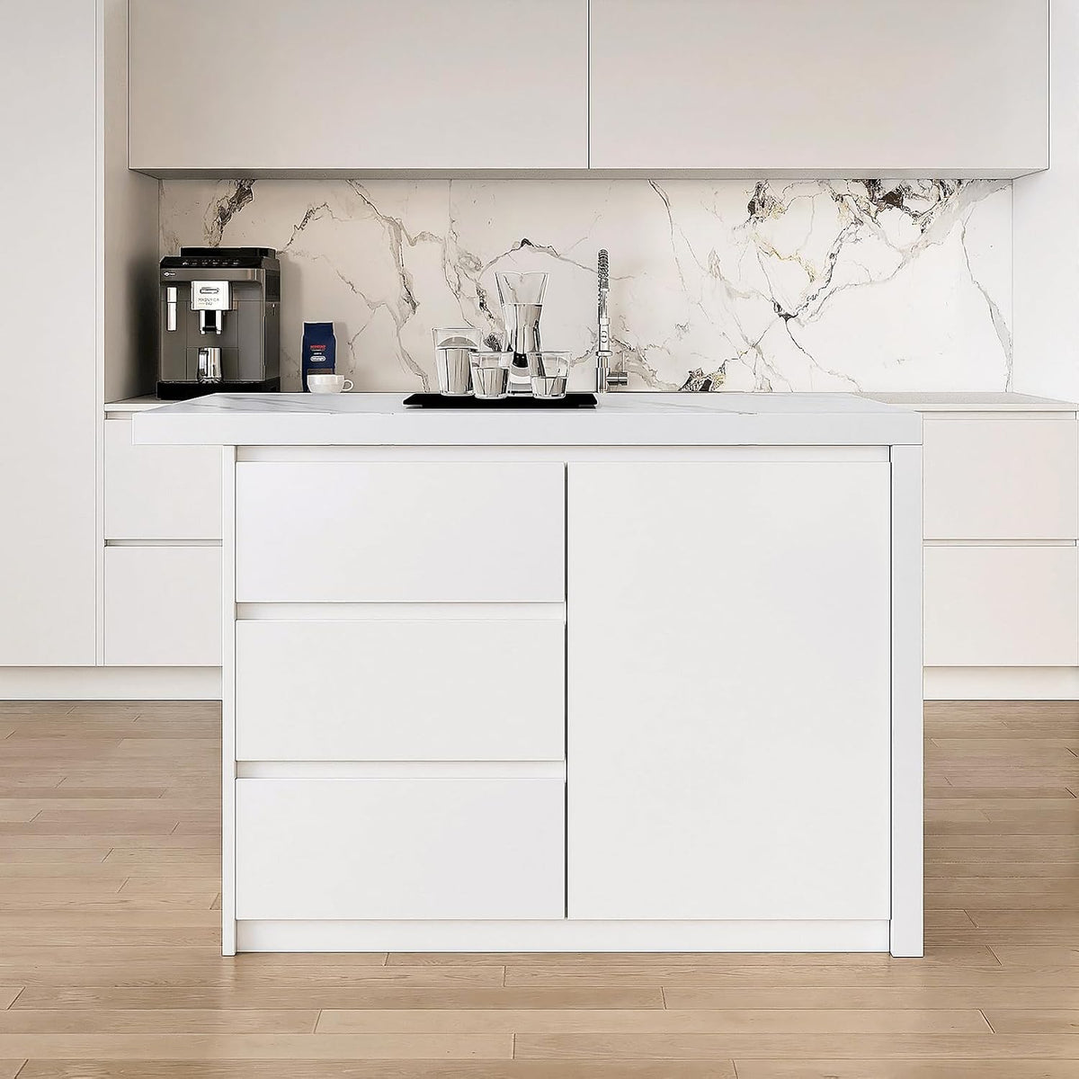 homary Kitchen Island with Storage & Wine Rack, 50" Modern White Kitchen Cabinet with Wood Top, Large Fixed Island with 3 Drawers & 6 Adjustable Shelves